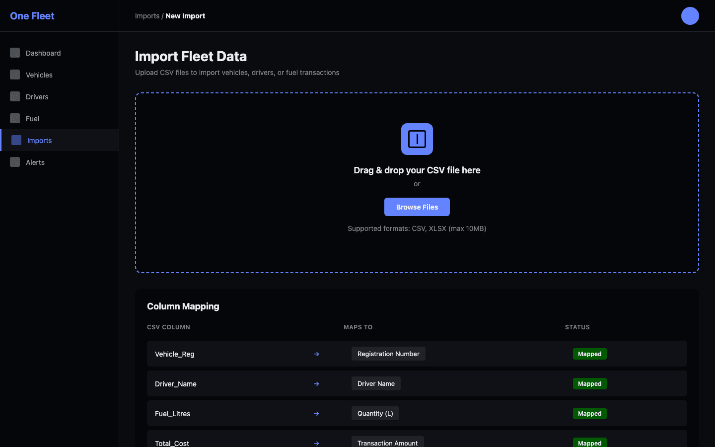 CSV import interface showing fleet data upload